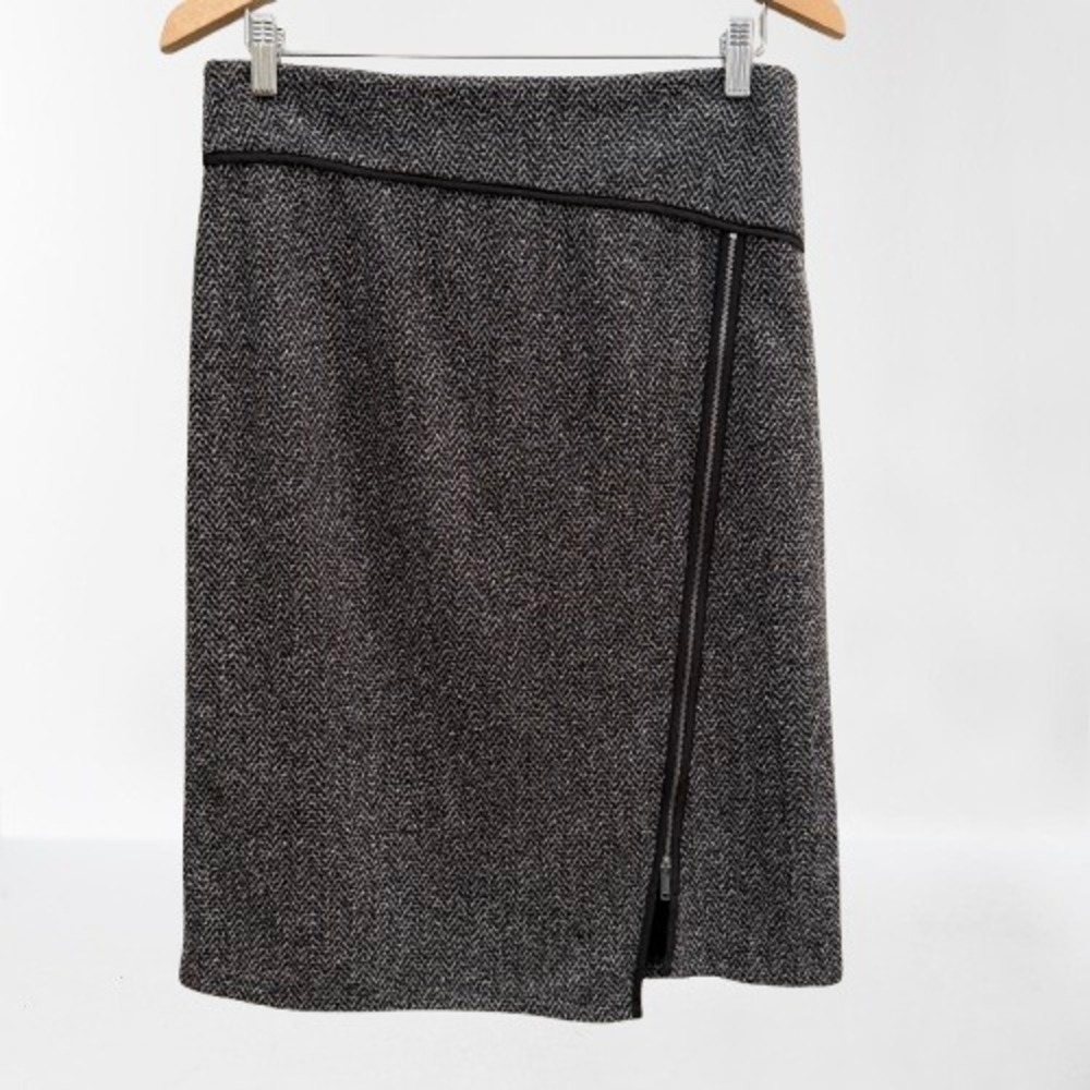 NEW DKNY Herringbone Pencil Skirt Black White Front Zip Faux Leather Trim Size 6